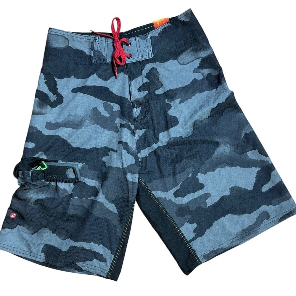 Burnside Mens Camo Board Shorts Grey Black Red Lace Up Swim Trunks Size 28 NWT